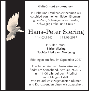 Traueranzeige von Hans-Peter Siering von Mitteldeutsche Zeitung Mansfelder Land