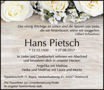 Traueranzeige von Hans Pietsch von Mitteldeutsche Zeitung Merseburg/Querfurt