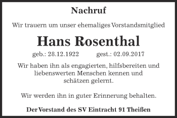 Traueranzeige von Hans Rosenthal von Super Sonntag Zeitz