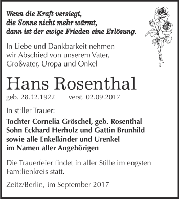 Traueranzeige von Hans Rosenthal von Super Sonntag Zeitz