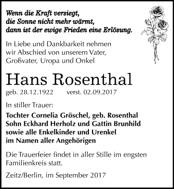 Traueranzeige von Hans Rosenthal von Mitteldeutsche Zeitung Zeitz