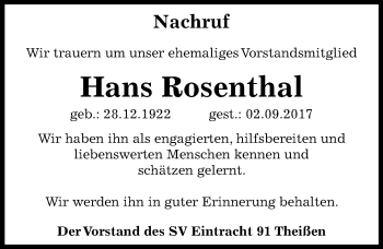 Traueranzeige von Hans Rosenthal von Mitteldeutsche Zeitung Zeitz