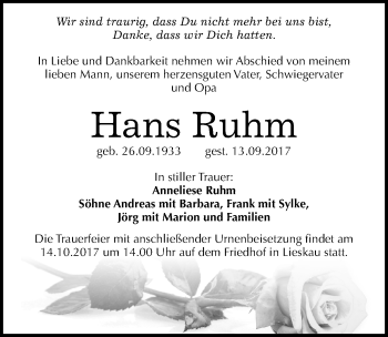 Traueranzeige von Hans Ruhm von Mitteldeutsche Zeitung Halle/Saalkreis