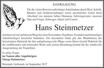 Traueranzeige von Hans Steinmetzer von Super Sonntag SGH Mansf. Land