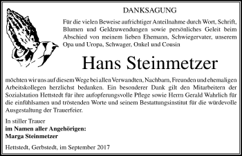 Traueranzeige von Hans Steinmetzer von Mitteldeutsche Zeitung Mansfelder Land