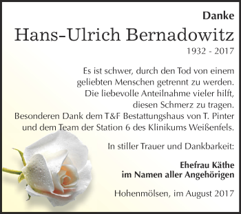Traueranzeige von Hans-Ulrich Bernadowitz von WVG - Wochenspiegel NMB / WSF / ZTZ