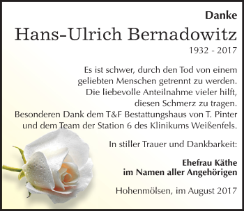 Traueranzeige von Hans-Ulrich Bernadowitz von Mitteldeutsche Zeitung Weißenfels