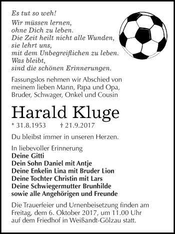 Traueranzeige von Harald Kluge von WVG - Wochenspiegel Dessau / Köthen