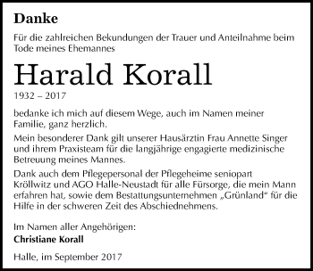 Traueranzeige von Harald Korall von Mitteldeutsche Zeitung Halle/Saalkreis