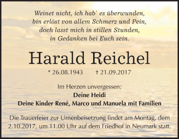 Traueranzeige von Harald Reichel von WVG - Wochenspiegel Merseburg