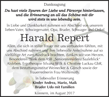 Traueranzeige von Harald Repert von Super Sonntag Bernburg