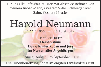 Traueranzeige von Harold Neumann von Super Sonntag Wittenberg