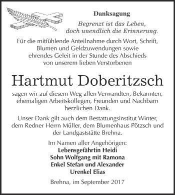 Traueranzeige von Hartmut Doberitzsch von WVG - Wochenspiegel Bitterfeld