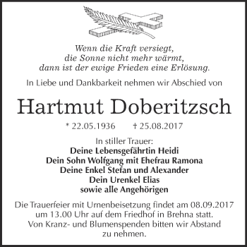 Traueranzeige von Hartmut Doberitzsch von WVG - Wochenspiegel Bitterfeld