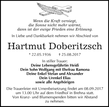 Traueranzeige von Hartmut Doberitzsch von Mitteldeutsche Zeitung Bitterfeld