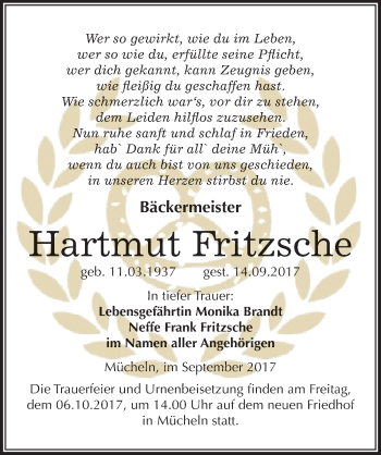 Traueranzeige von Hartmut Fritzsche von Mitteldeutsche Zeitung Merseburg/Querfurt