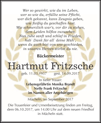 Traueranzeige von Hartmut Fritzsche von WVG - Wochenspiegel Merseburg