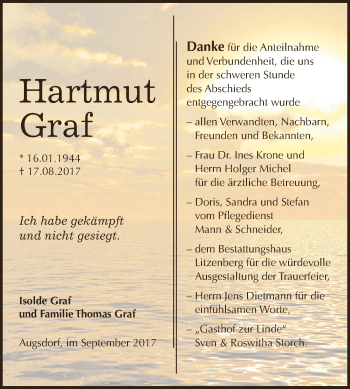 Traueranzeige von Hartmut Graf von Super Sonntag SGH Mansf. Land