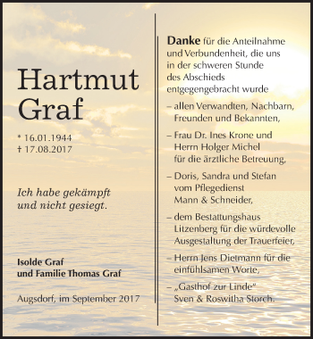 Traueranzeige von Hartmut Graf von Mitteldeutsche Zeitung Mansfelder Land