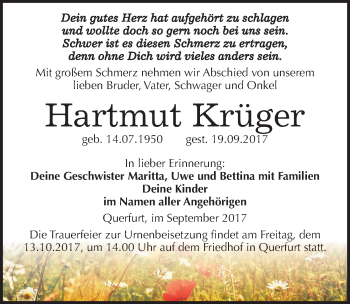 Traueranzeige von Hartmut Krüger von Mitteldeutsche Zeitung Merseburg/Querfurt
