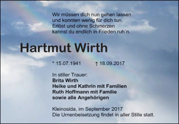 Traueranzeige von Hartmut Wirth von Mitteldeutsche Zeitung Zeitz