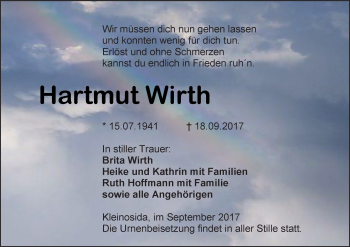 Traueranzeige von Hartmut Wirth von Super Sonntag Zeitz