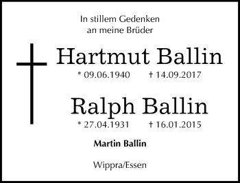 Traueranzeige von Hartmut und Ralph Ballin von Mitteldeutsche Zeitung