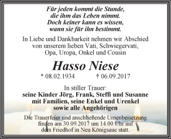 Traueranzeige von Hasso Niese von Mitteldeutsche Zeitung Aschersleben