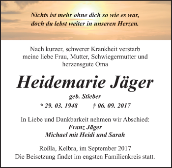Traueranzeige von Heidemarie Jäger von Mitteldeutsche Zeitung Sangerhausen