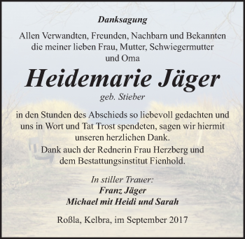 Traueranzeige von Heidemarie Jäger von Mitteldeutsche Zeitung Sangerhausen