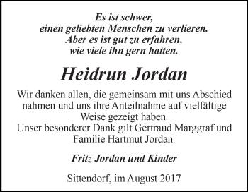 Traueranzeige von Heidrun Jordan von WVG - Wochenspiegel SGH