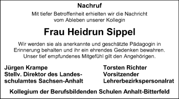 Traueranzeige von Heidrun Sippel von WVG - Wochenspiegel Bitterfeld