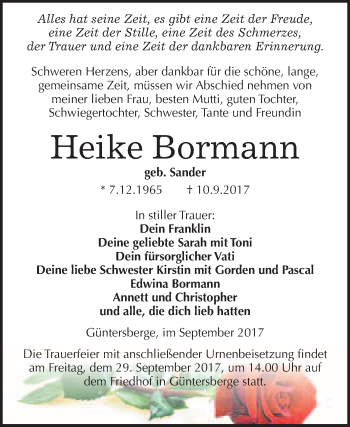 Traueranzeige von Heike Bormann von WVG - Wochenspiegel Quedlinburg