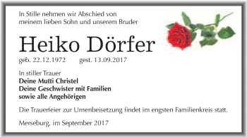 Traueranzeige von Heiko Dörfer von WVG - Wochenspiegel Merseburg