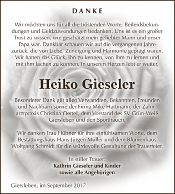 Traueranzeige von Heiko Gieseler von Super Sonntag Aschersleben