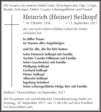 Traueranzeige von Heinrich  Seilkopf von Super Sonntag Bernburg