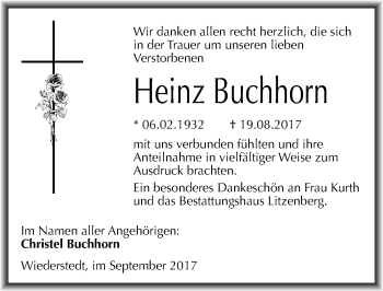 Traueranzeige von Heinz Buchhorn von Mitteldeutsche Zeitung Mansfelder Land