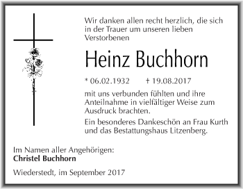 Traueranzeige von Heinz Buchhorn von Super Sonntag SGH Mansf. Land