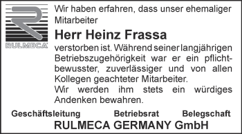 Traueranzeige von Heinz Frassa von Super Sonntag Aschersleben