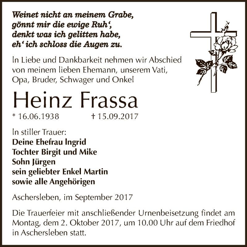  Traueranzeige für Heinz Frassa vom 23.09.2017 aus Super Sonntag Aschersleben