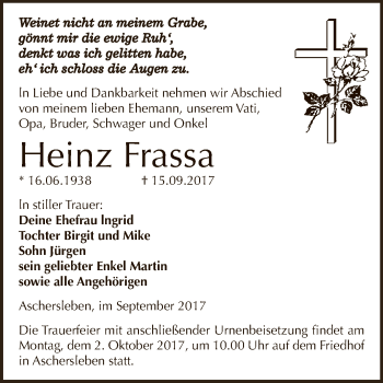 Traueranzeige von Heinz Frassa von Super Sonntag Aschersleben