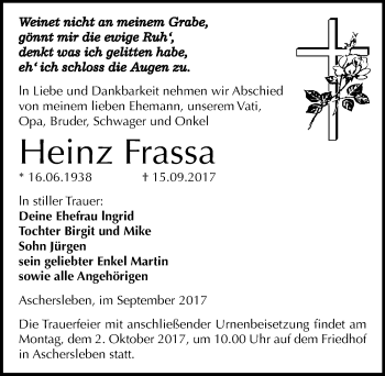 Traueranzeige von Heinz Frassa von Mitteldeutsche Zeitung Aschersleben