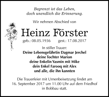 Traueranzeige von Heinz Förster von WVG - Wochenspiegel Bitterfeld
