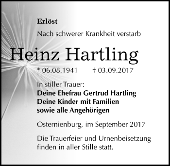 Traueranzeige von Heinz Hartling von Mitteldeutsche Zeitung Köthen