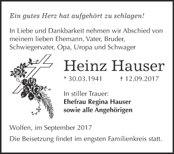 Traueranzeige von Heinz Hauser von WVG - Wochenspiegel Bitterfeld