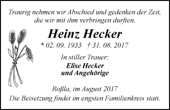 Traueranzeige von Heinz Hecker von Mitteldeutsche Zeitung Sangerhausen