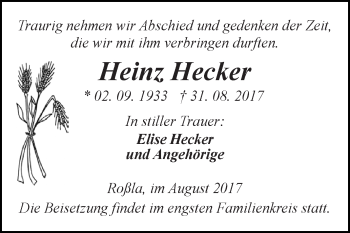 Traueranzeige von Heinz Hecker von WVG - Wochenspiegel SGH