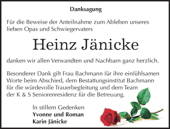 Traueranzeige von Heinz Jänicke von Mitteldeutsche Zeitung Köthen