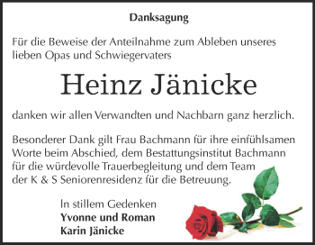 Traueranzeige von Heinz Jänicke von WVG - Wochenspiegel Dessau / Köthen