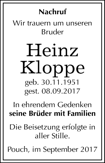Traueranzeige von Heinz Kloppe von Mitteldeutsche Zeitung Bitterfeld